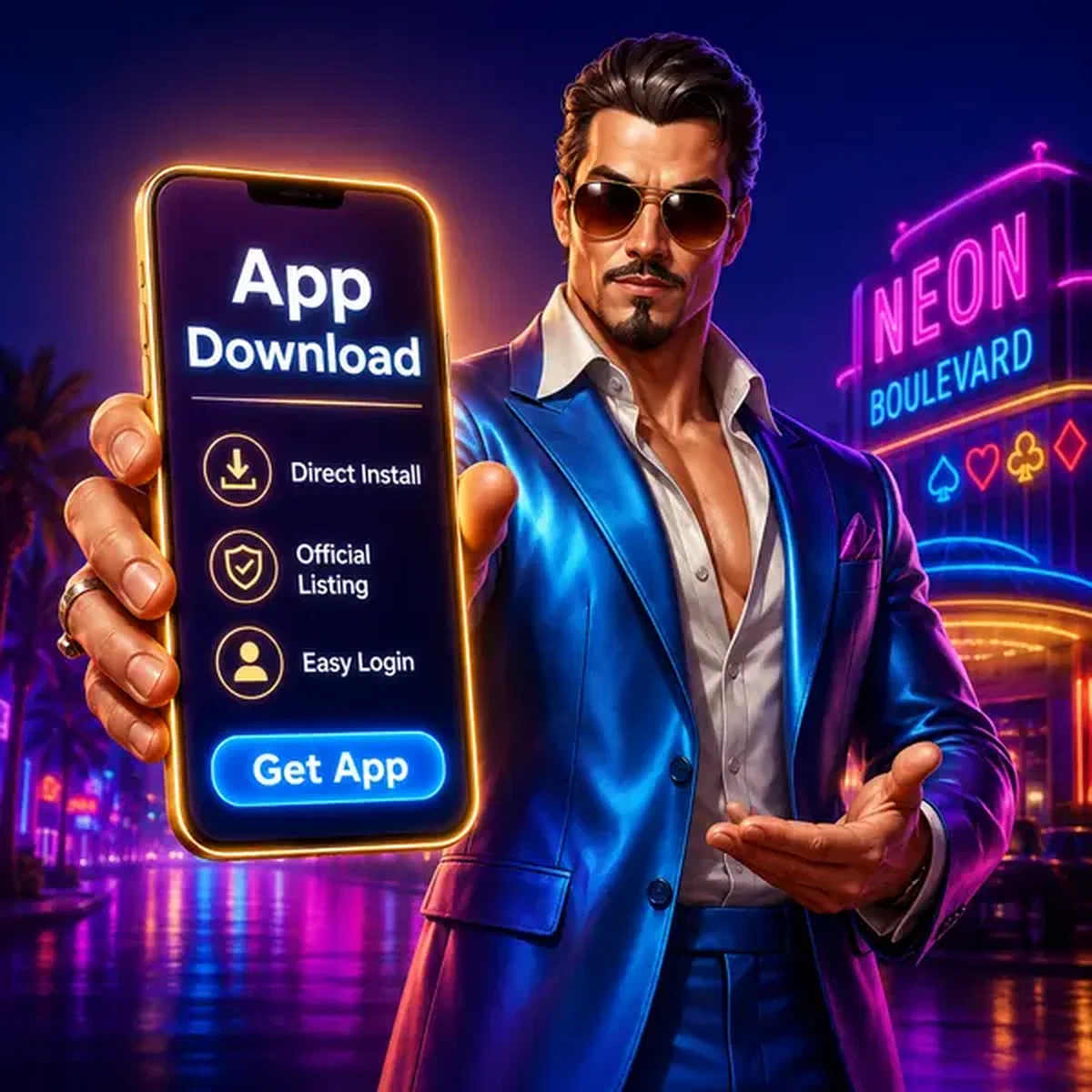 Carismático presentador mostrando la descarga de la app Coolzino en pantalla de smartphone brillante