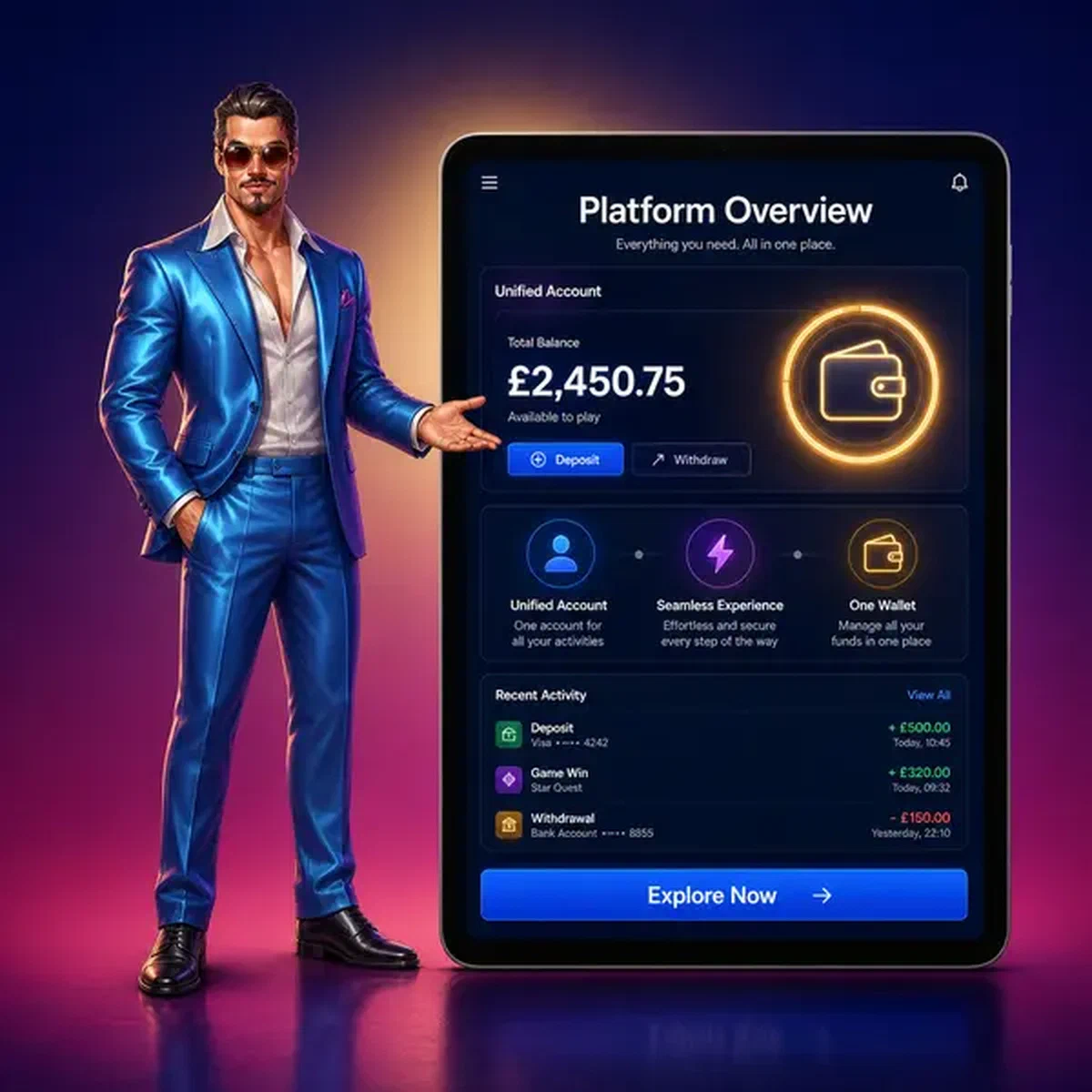 El presentador principal mostrando la visión general de la plataforma Coolzino con cuenta unificada en pantalla de tablet brillante
