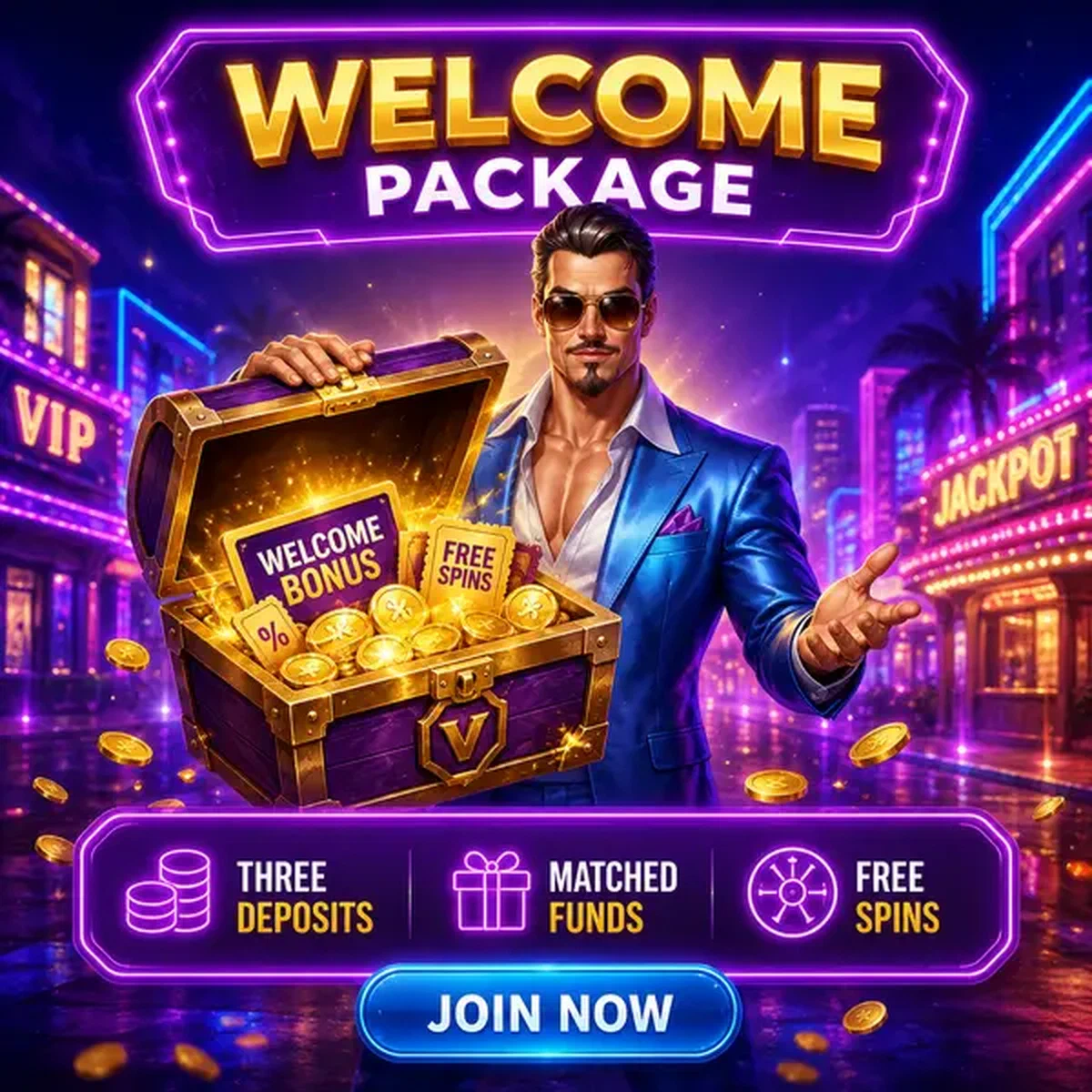 Anfitrión carismático revela cofre del tesoro del bono de bienvenida en el bulevar neón de Coolzino Casino