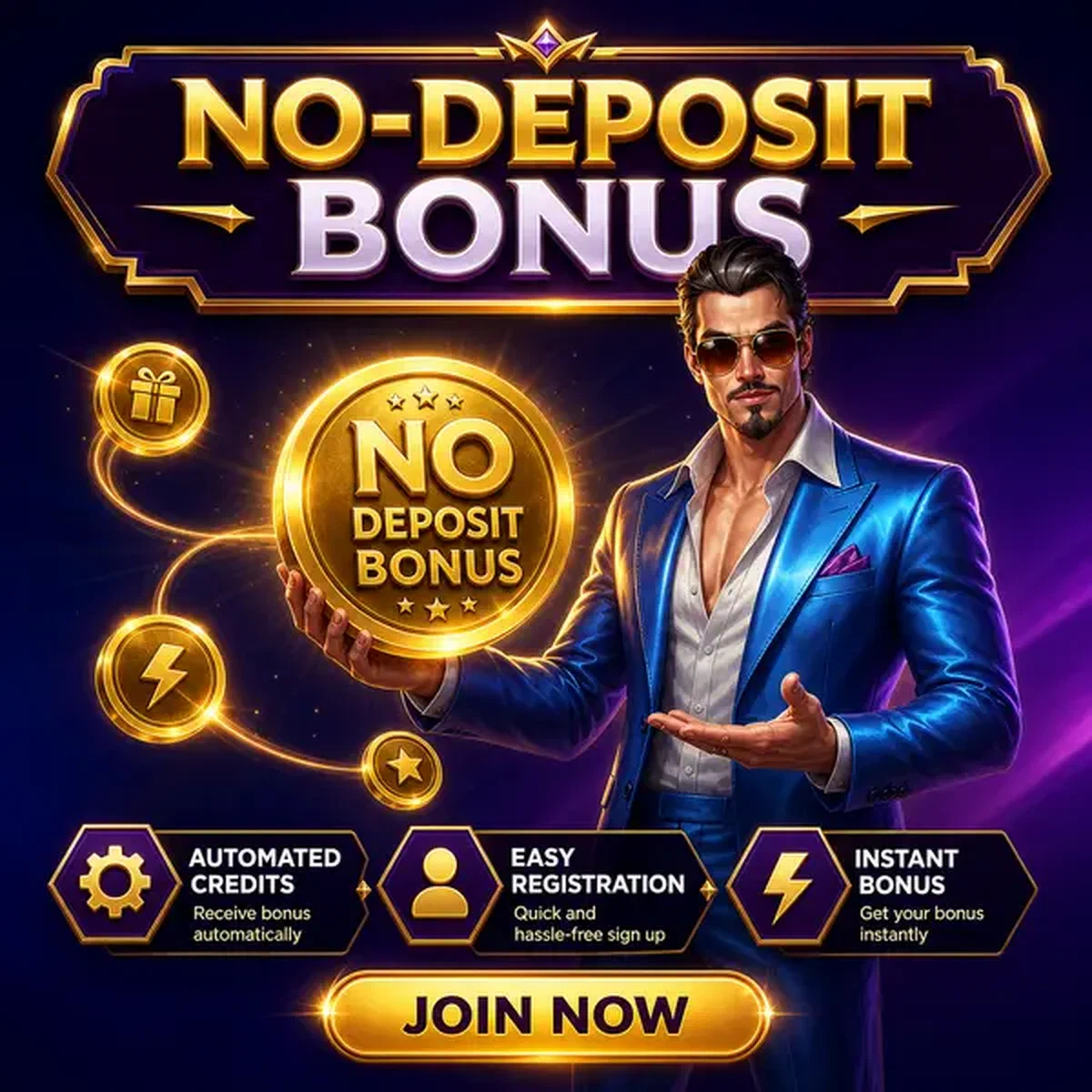 Jugador sosteniendo token de bono sin depósito brillante en Coolzino con monedas doradas flotando cerca