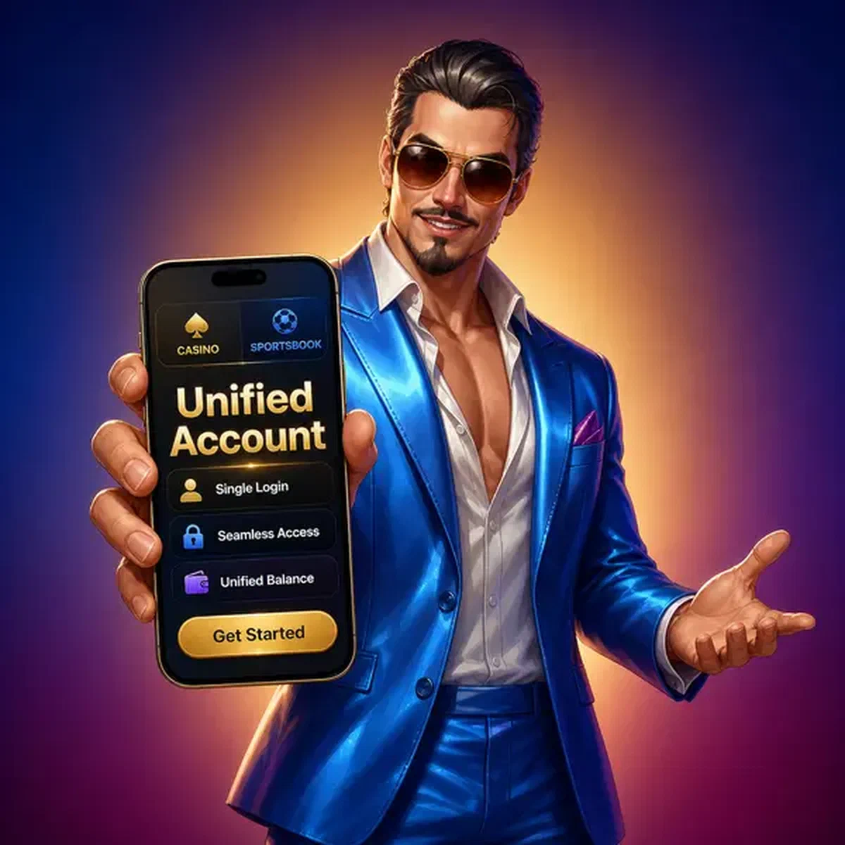 Showman seguro con traje azul eléctrico presentando la interfaz de login de Coolzino en smartphone brillante