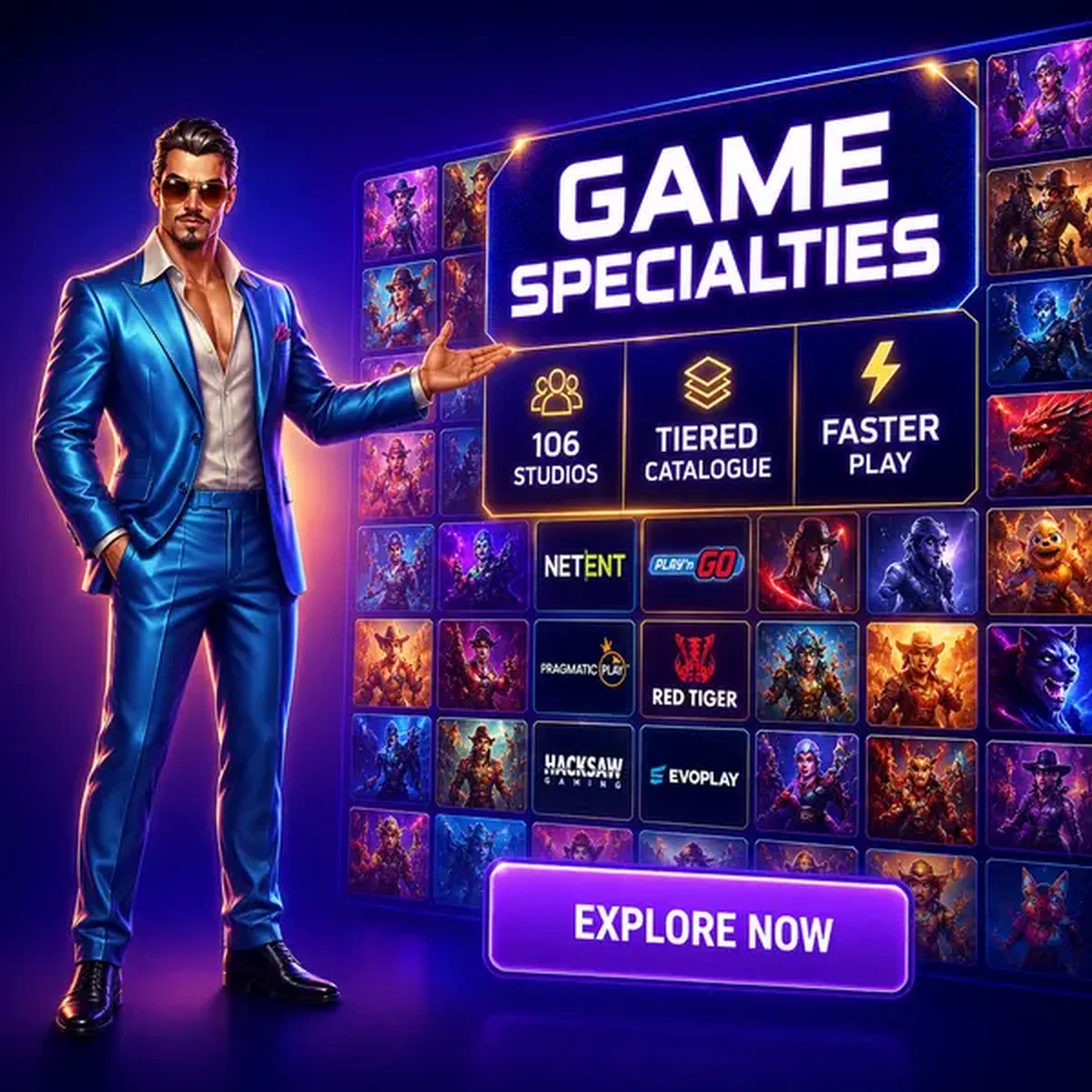 Carismático presentador mostrando colección de tragaperras en el muro de juegos de Arquitectura de Proveedores y Especialidades