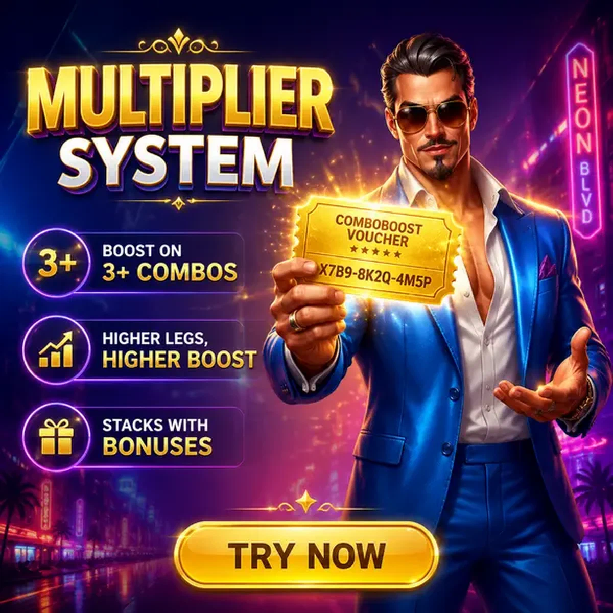 Showman carismático presenta cupón del Sistema Multiplicador ComboBoost en el mostrador de apuestas deportivas