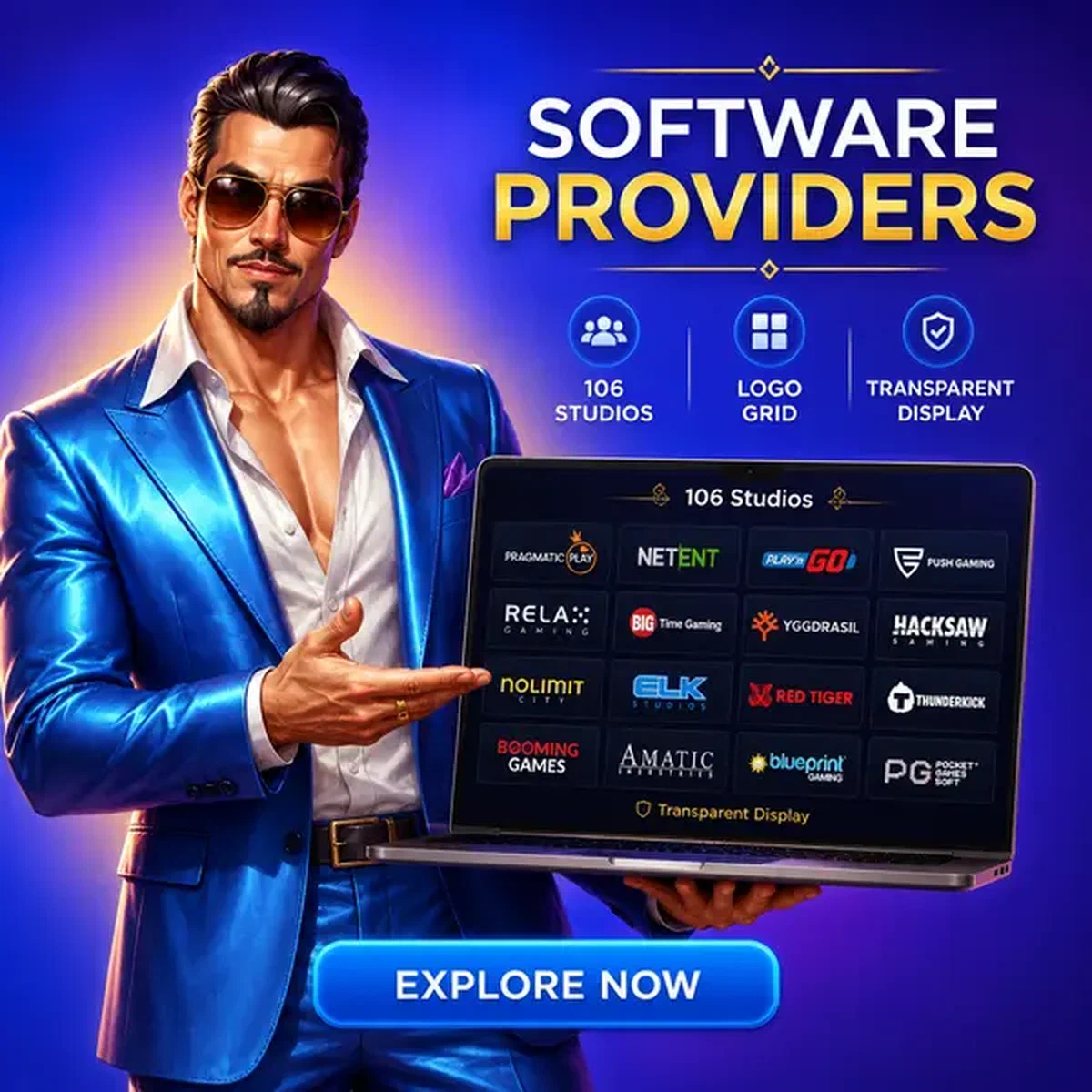 Showman carismático presentando proveedores de software en portátil en el estudio de juegos de Coolzino Casino