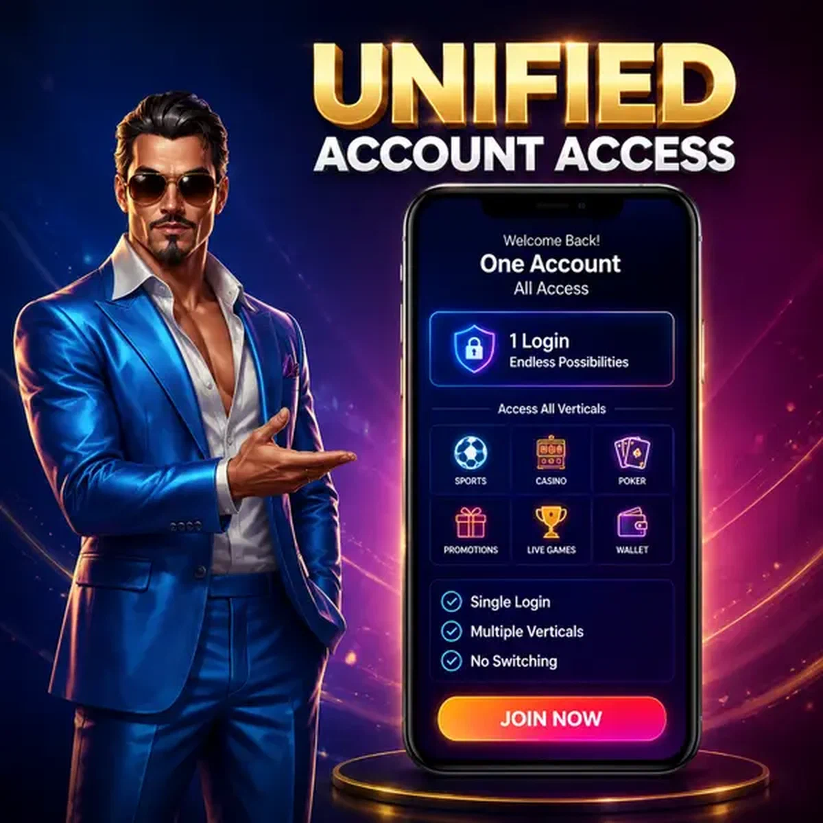 Showman carismático presentando acceso de cuenta unificado en el portal de registro de Infraestructura de Licencia y Cuenta