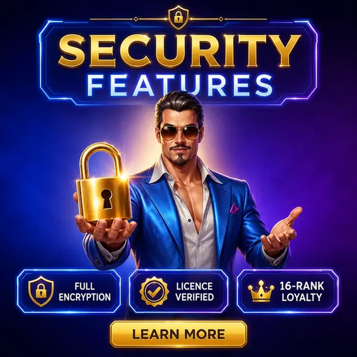 Showman presentando candado dorado en el portal de login de Características de Seguridad y Proceso de Recuperación de Contraseña
