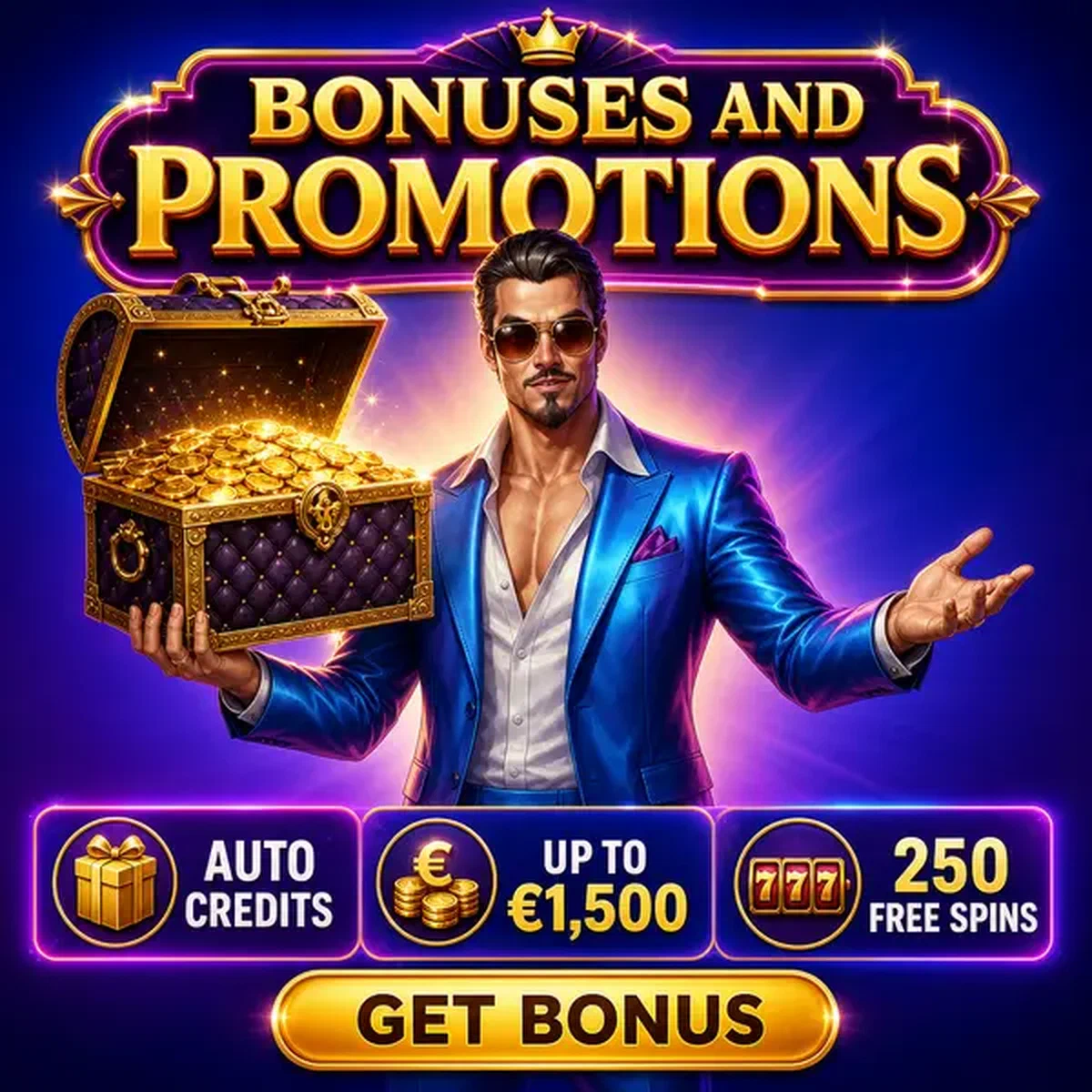 Showman carismático sosteniendo cofre del tesoro de bonos en las promociones de Coolzino Casino